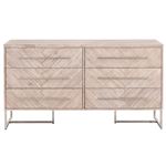 Mosaic 6 Drawer Double Dresser in Natural Grey, Brushed Stainless Steel, Acacia Veneer