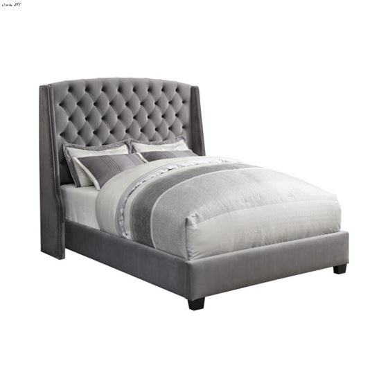 Pissarro Grey Velvet Queen Tufted Demi Wing Upholstered Bed 300515Q By Coaster