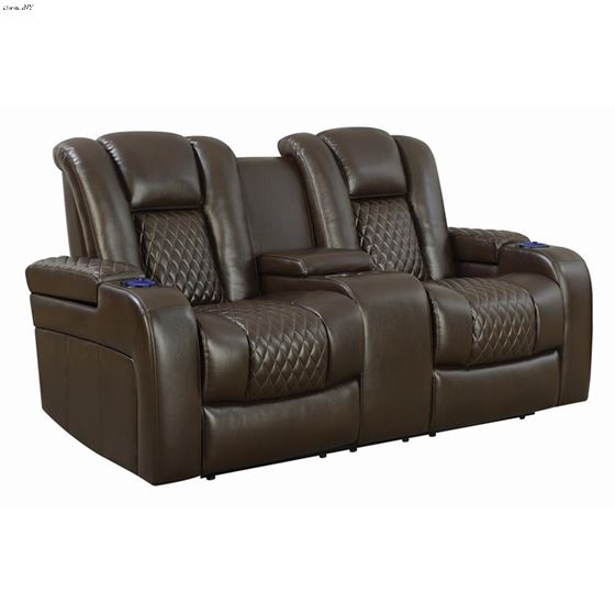 Delangelo Brown Power Reclining Loveseat with Console 602305P By Coaster