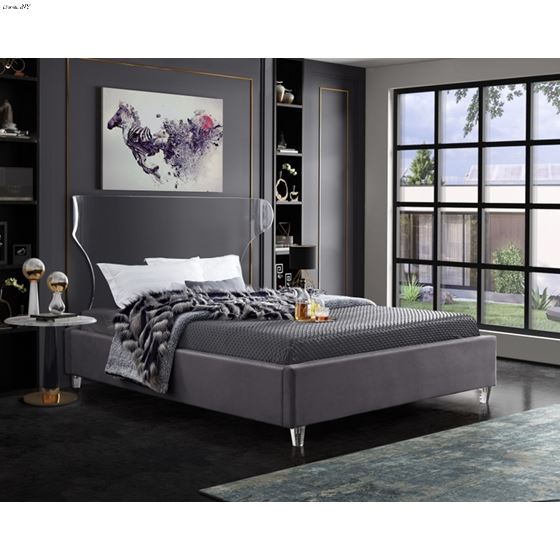Ghost Acrylic and Grey Velvet Upholstered Bed-3