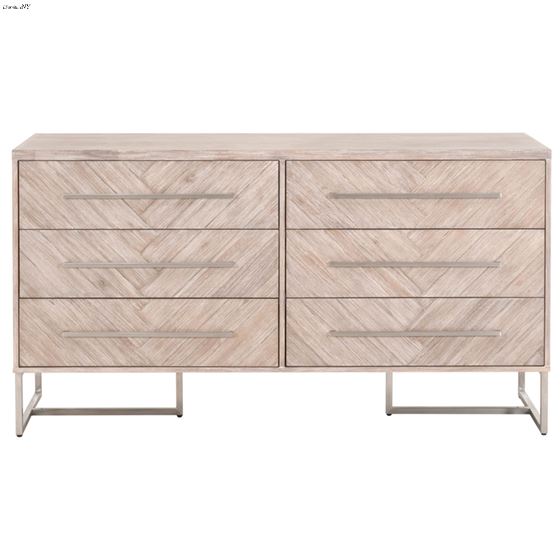 Mosaic 6 Drawer Double Dresser in Natural Grey, Brushed Stainless Steel, Acacia Veneer