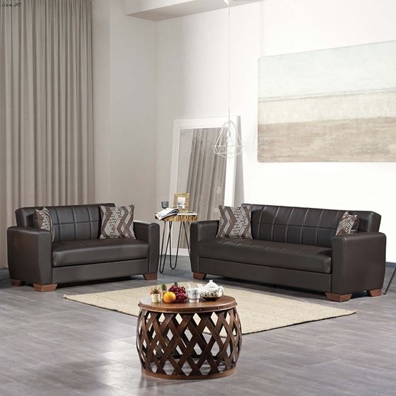 Barato Brown Leatherette Convertible Loveseat w-3