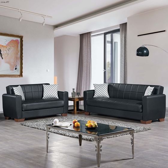 Barato Black Leatherette Convertible Loveseat w-3