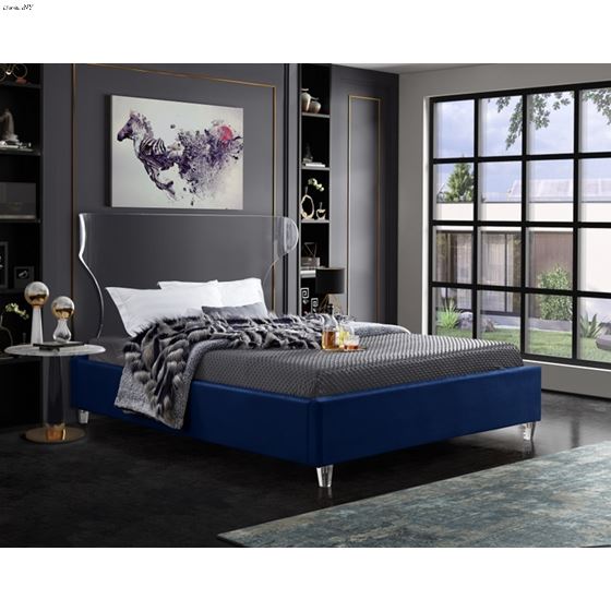 Ghost Acrylic and Navy Velvet Upholstered Bed-3